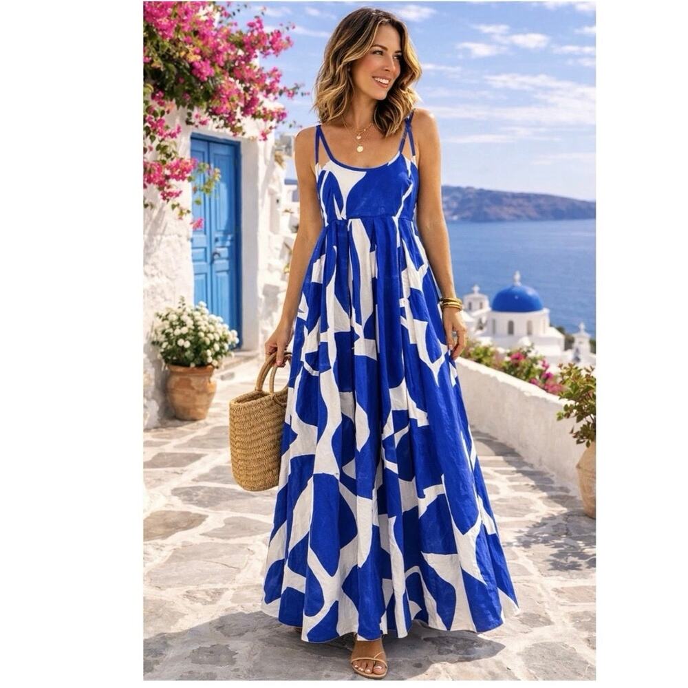 By Anthropologie Blue White Abstract Print Strappy Maxi Dress Size SP Petite